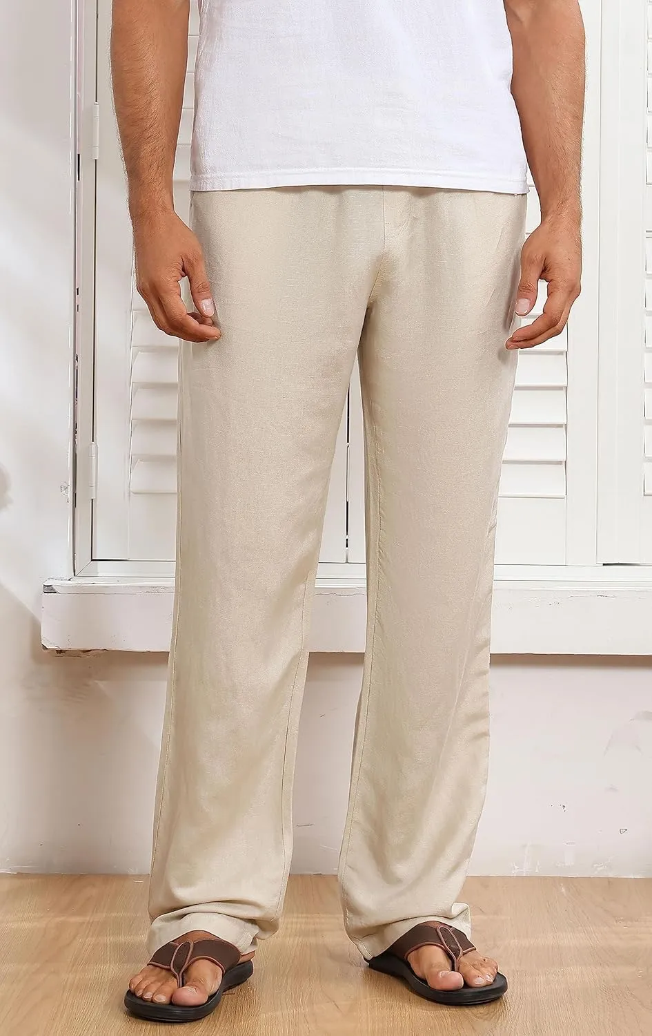 Soojun Mens Linen Pull on Pants with Elastic Waist Casual Yoga Pants