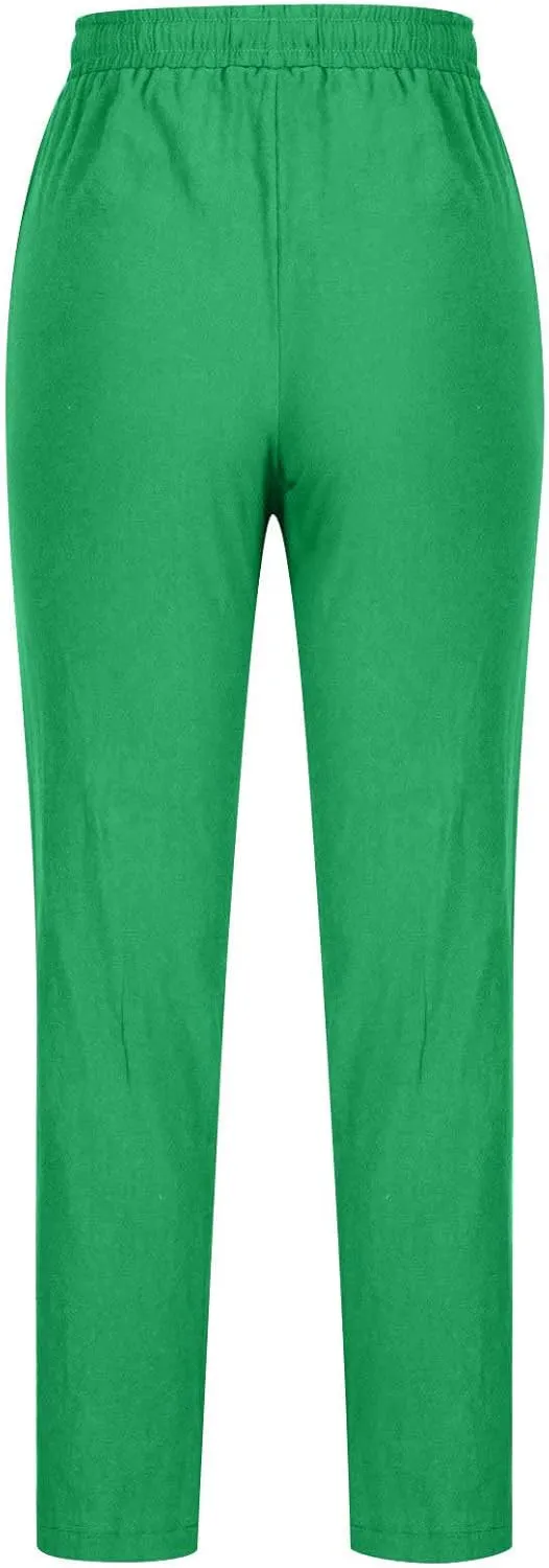 Spring Pants for Women 2024 Casual Elastic High Waist Linen Lounge Pant Straight Leg Trousers Resort Wear Outfits