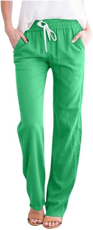 Spring Pants for Women 2024 Casual Elastic High Waist Linen Lounge Pant Straight Leg Trousers Resort Wear Outfits