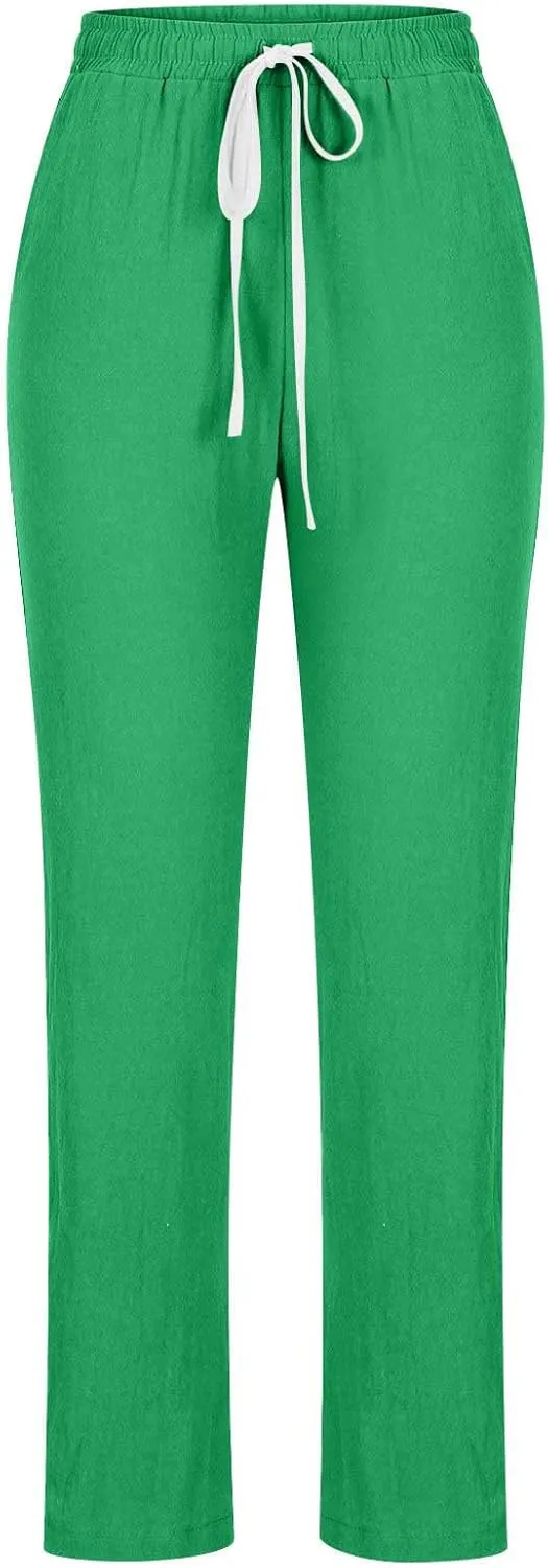 Spring Pants for Women 2024 Casual Elastic High Waist Linen Lounge Pant Straight Leg Trousers Resort Wear Outfits