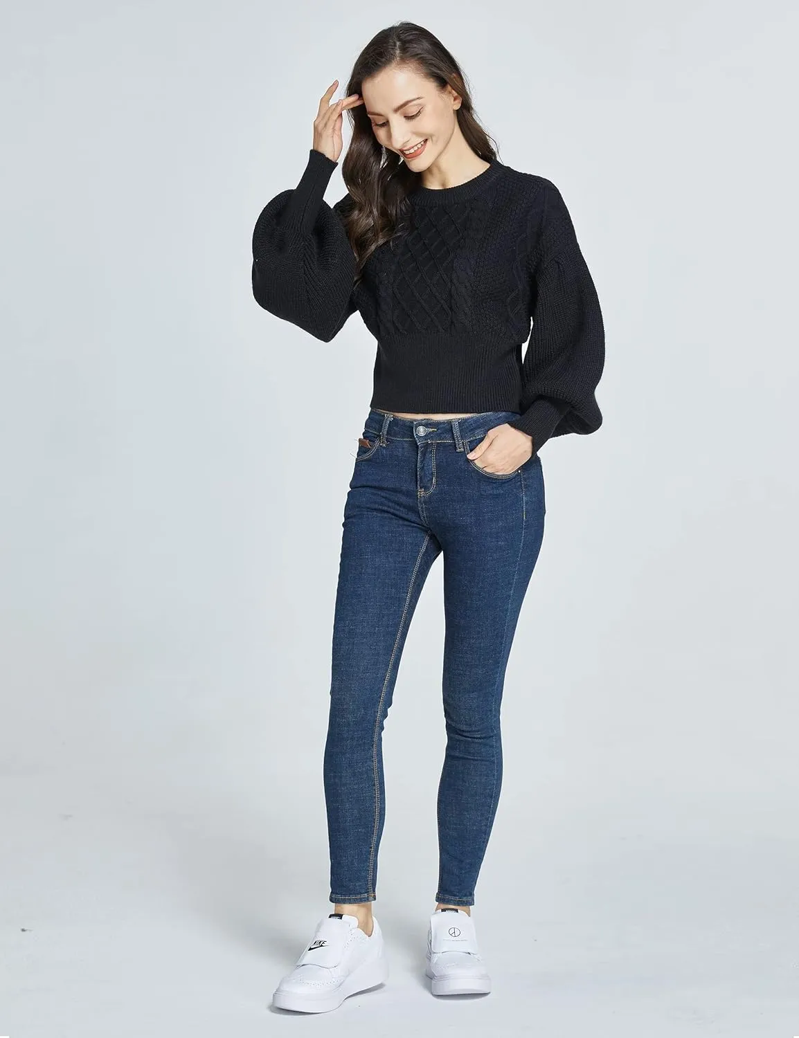 SSLR-Womens-Oversized-Sweaters-Cropped Sweaters Crewneck Long Lantern Sleeve Knitted Cable Pullover