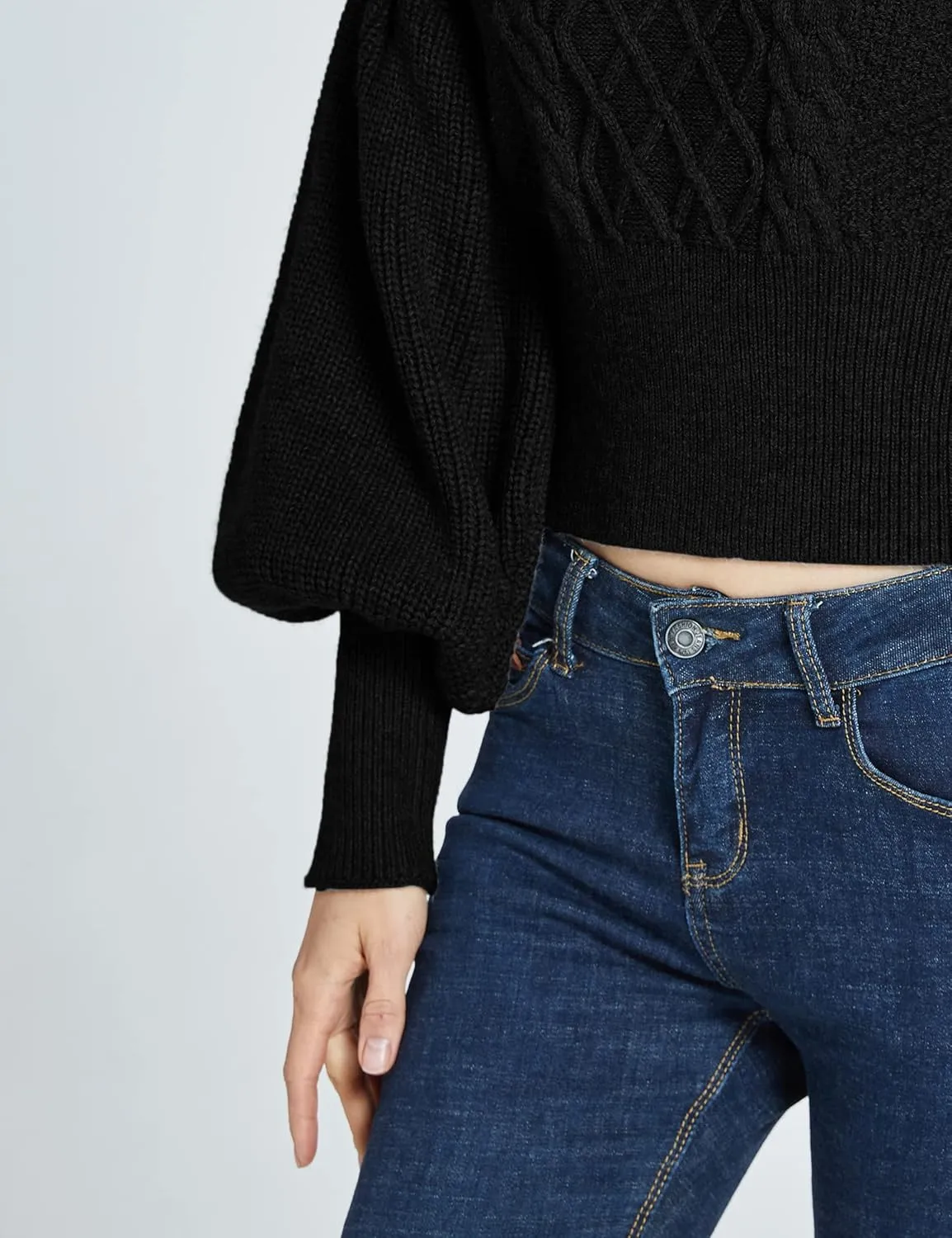 SSLR-Womens-Oversized-Sweaters-Cropped Sweaters Crewneck Long Lantern Sleeve Knitted Cable Pullover