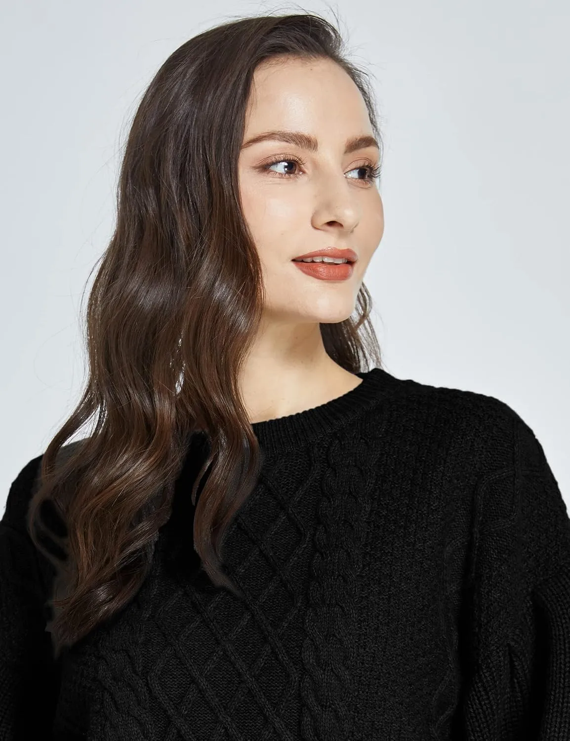 SSLR-Womens-Oversized-Sweaters-Cropped Sweaters Crewneck Long Lantern Sleeve Knitted Cable Pullover