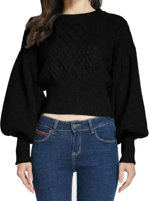 SSLR-Womens-Oversized-Sweaters-Cropped Sweaters Crewneck Long Lantern Sleeve Knitted Cable Pullover