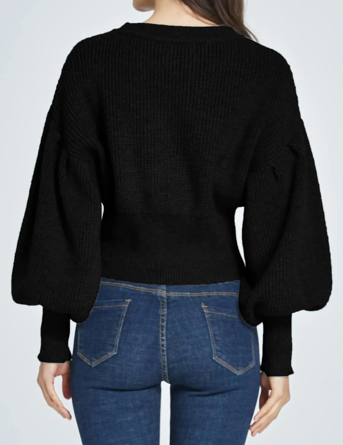 SSLR-Womens-Oversized-Sweaters-Cropped Sweaters Crewneck Long Lantern Sleeve Knitted Cable Pullover