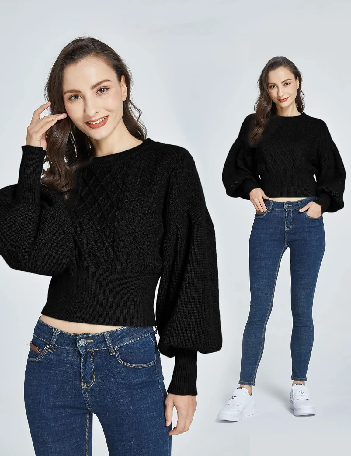 SSLR-Womens-Oversized-Sweaters-Cropped Sweaters Crewneck Long Lantern Sleeve Knitted Cable Pullover