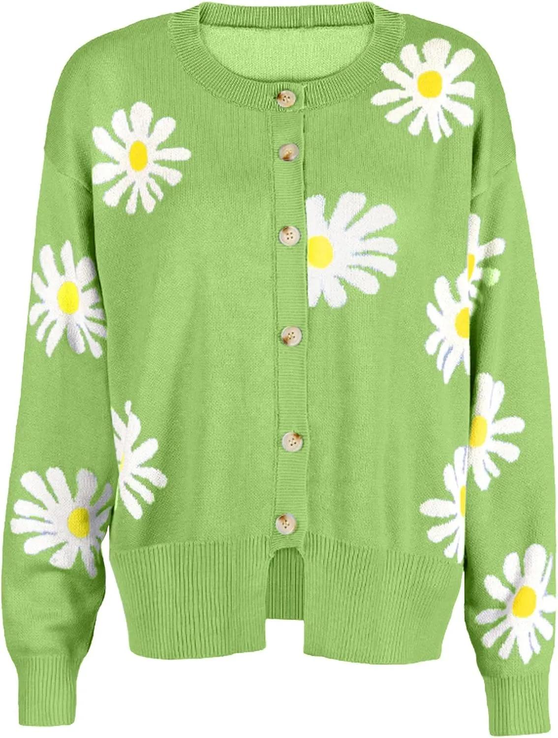 Stessotudo Womens Winter Sweaters Daisy Print Long Sleeve Cardigans Button Down Loose Fit Knitted Casual Cute Trendy Coats