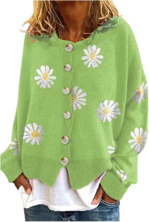 Stessotudo Womens Winter Sweaters Daisy Print Long Sleeve Cardigans Button Down Loose Fit Knitted Casual Cute Trendy Coats