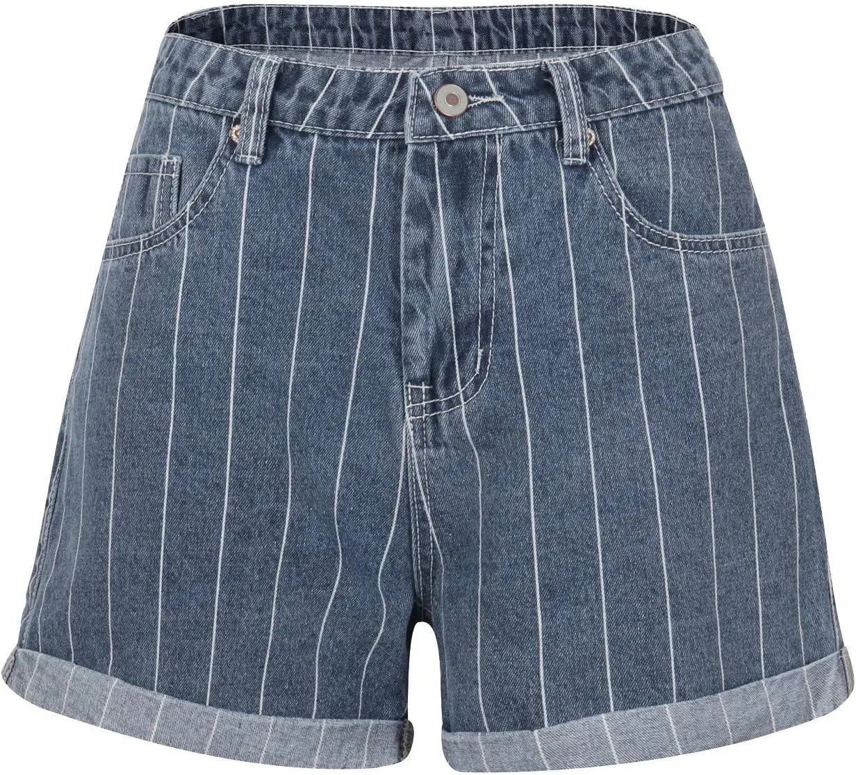 Striped Denim Shorts High Waisted Jeans Shorts for Women Junior Fashion Casual Denim Shorts Folded Roll Hem Jeans Shorts