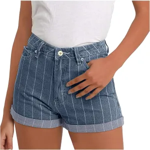 Striped Denim Shorts High Waisted Jeans Shorts for Women Junior Fashion Casual Denim Shorts Folded Roll Hem Jeans Shorts