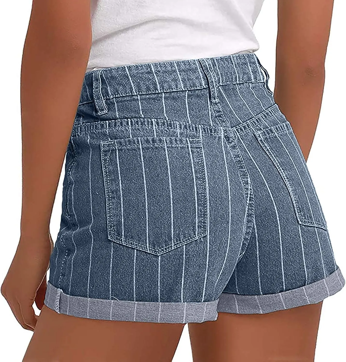 Striped Denim Shorts High Waisted Jeans Shorts for Women Junior Fashion Casual Denim Shorts Folded Roll Hem Jeans Shorts