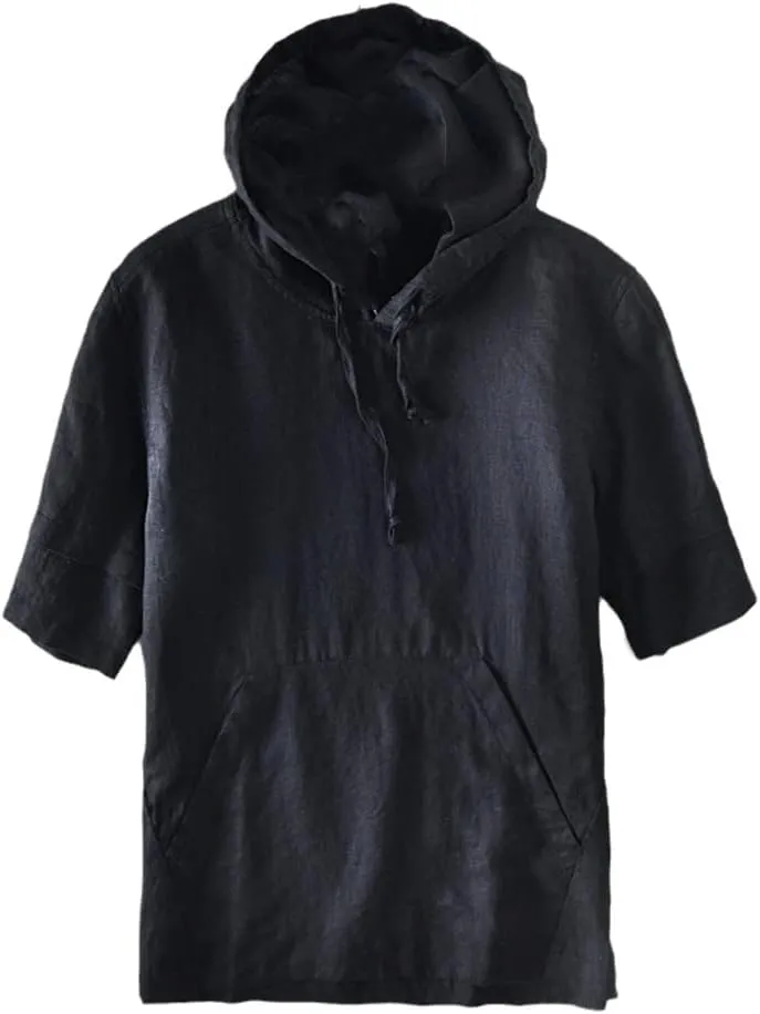 Summer Men Linen Kangaroo Pocket Half Sleeve Hooded T-Shirts