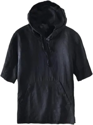 Summer Men Linen Kangaroo Pocket Half Sleeve Hooded T-Shirts