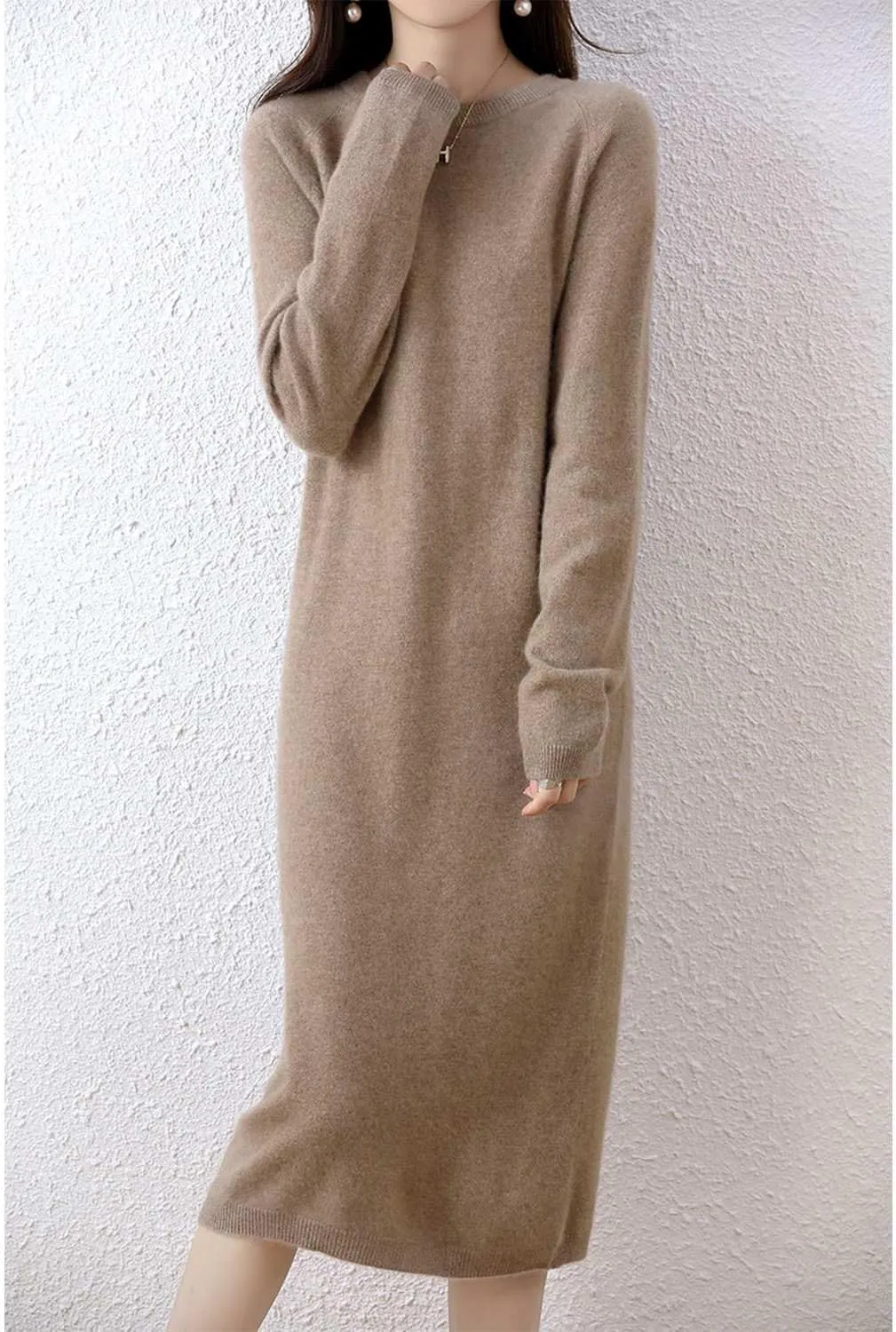 Sweater Dress Women's 100% Merino Wool O-Neck Long Raglan Sleeved Knitted Pullover Crewneck Tops
