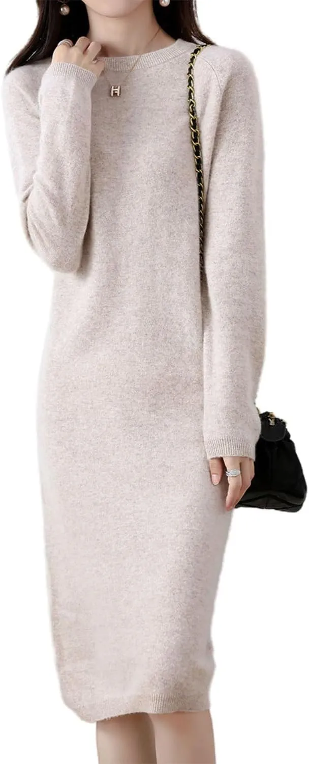 Sweater Dress Women's 100% Merino Wool O-Neck Long Raglan Sleeved Knitted Pullover Crewneck Tops