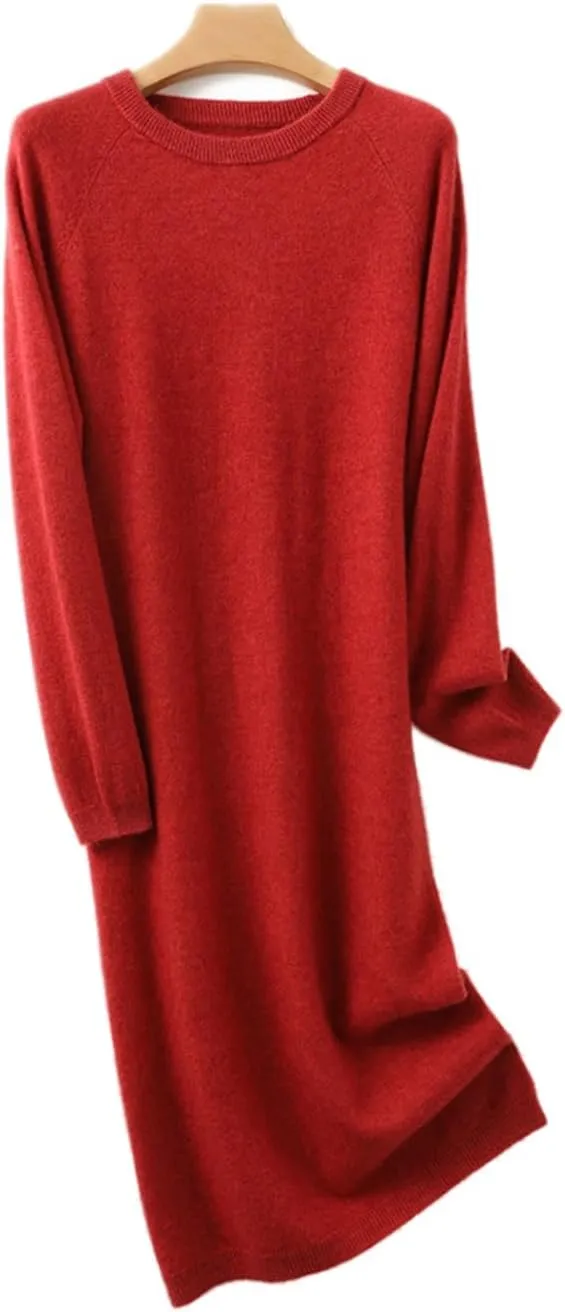 Sweater Dress Women's 100% Merino Wool O-Neck Long Raglan Sleeved Knitted Pullover Crewneck Tops