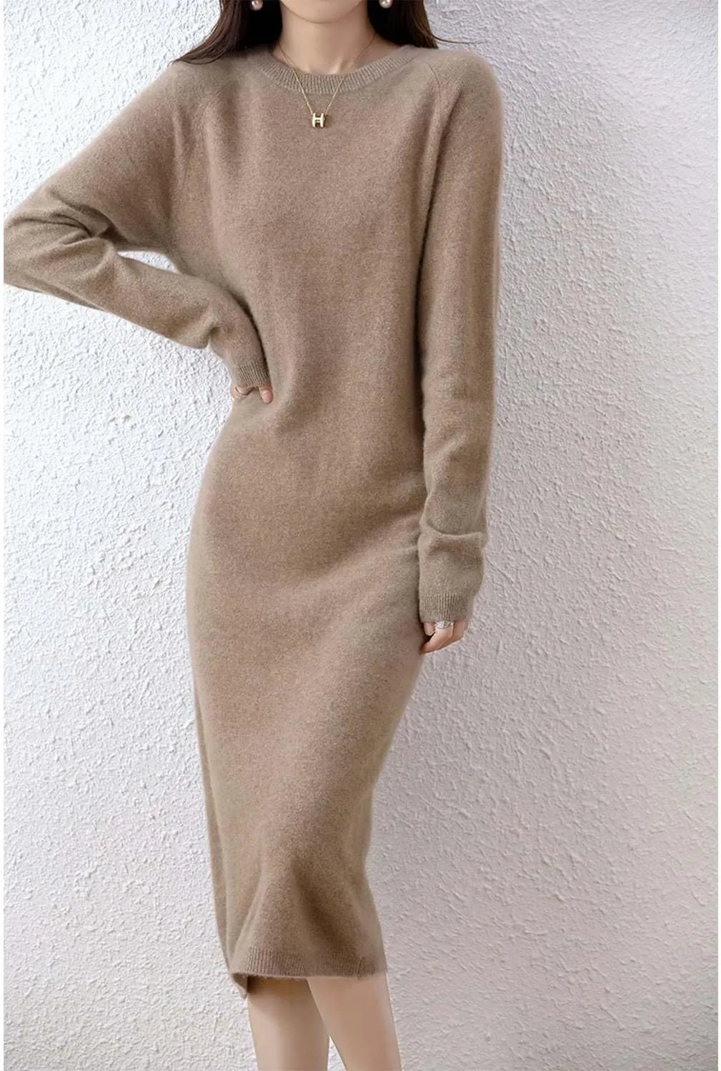 Sweater Dress Women's 100% Merino Wool O-Neck Long Raglan Sleeved Knitted Pullover Crewneck Tops
