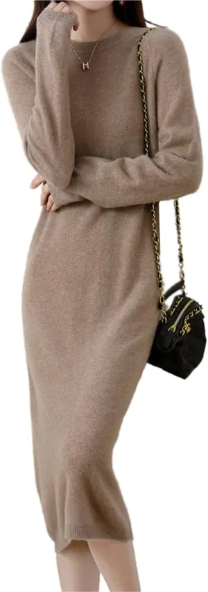 Sweater Dress Women's 100% Merino Wool O-Neck Long Raglan Sleeved Knitted Pullover Crewneck Tops