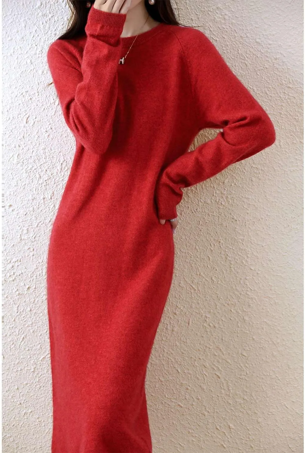 Sweater Dress Women's 100% Merino Wool O-Neck Long Raglan Sleeved Knitted Pullover Crewneck Tops