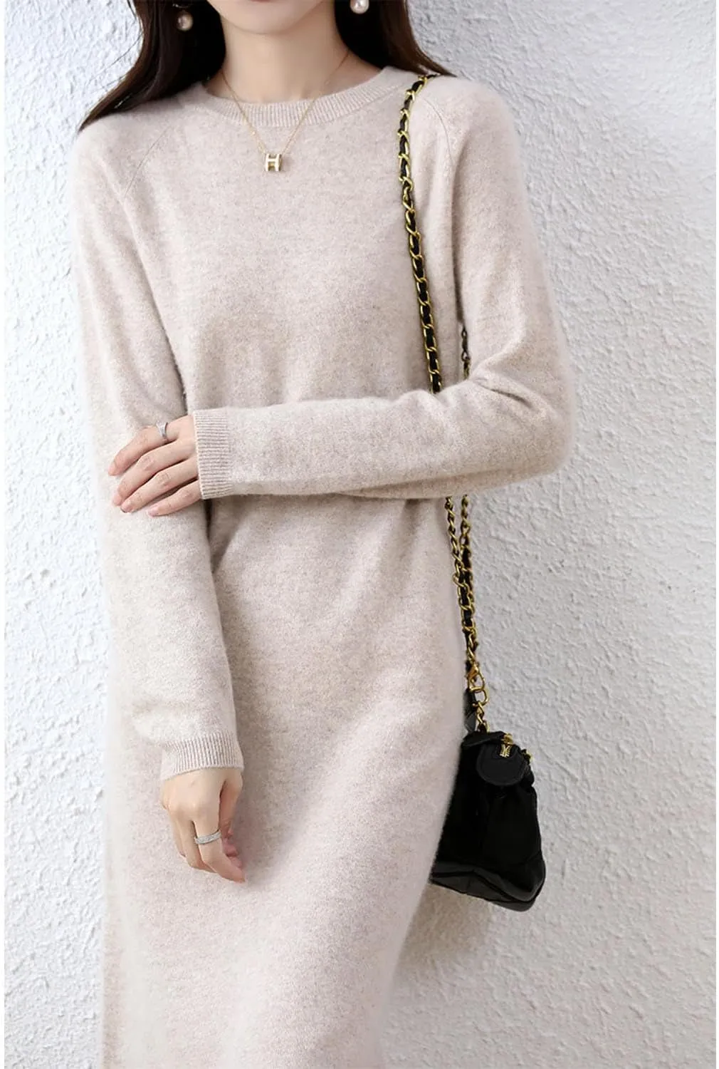 Sweater Dress Women's 100% Merino Wool O-Neck Long Raglan Sleeved Knitted Pullover Crewneck Tops