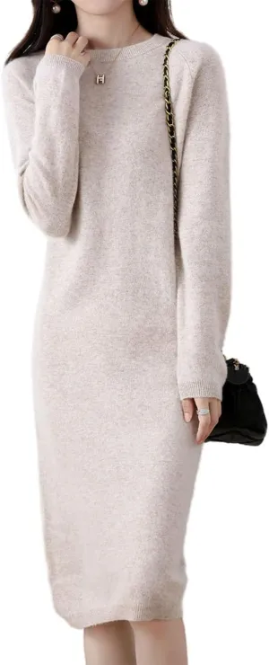 Sweater Dress Women's 100% Merino Wool O-Neck Long Raglan Sleeved Knitted Pullover Crewneck Tops