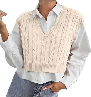 Sweater Vest for Women Fashion Cropped Cable Knit Sweater Vest Casual Sleeveless Knitted Tops Winter Clothes