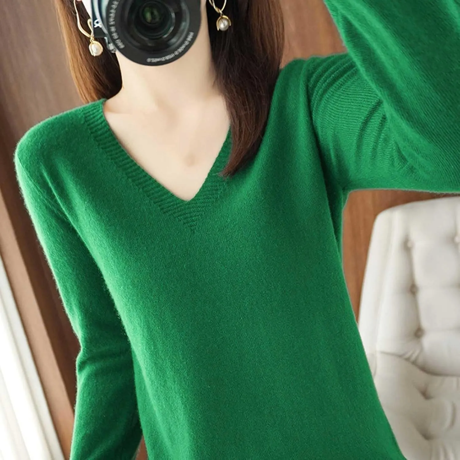 Sweaters for Women Cable Knit Long Sleeve Pullover V Neck Shirt Sweatshirt Slim Fitted Undershirt Fall Casual Top