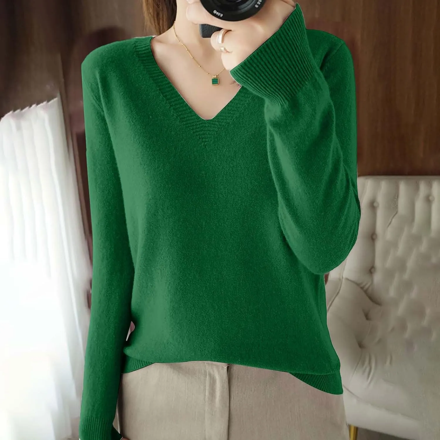 Sweaters for Women Cable Knit Long Sleeve Pullover V Neck Shirt Sweatshirt Slim Fitted Undershirt Fall Casual Top