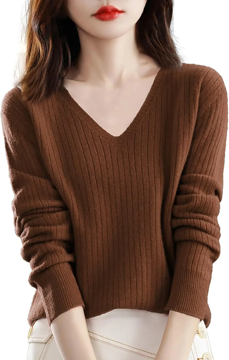 Sweaters for Women Knit Pullover Sweater V Neck Blouse Plain Color Long Sleeve Sweatshirt Slim Fitted Undershirt Top
