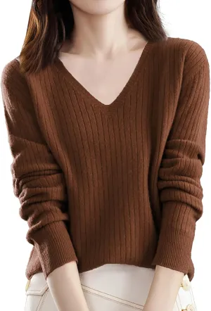Sweaters for Women Knit Pullover Sweater V Neck Blouse Plain Color Long Sleeve Sweatshirt Slim Fitted Undershirt Top