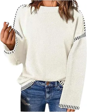 Sweaters for Women Trendy Casual Long Sleeve Crew Neck Loose Patchwork Knitted Pullover Sweaters 2024 Fall Clothes