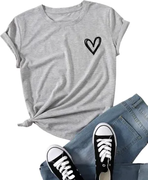 SweatyRocks Women's Heart Print T Shirts Summer Funny Short Sleeve Tops