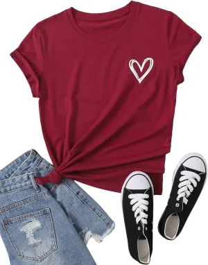 SweatyRocks Women's Heart Print T Shirts Summer Funny Short Sleeve Tops
