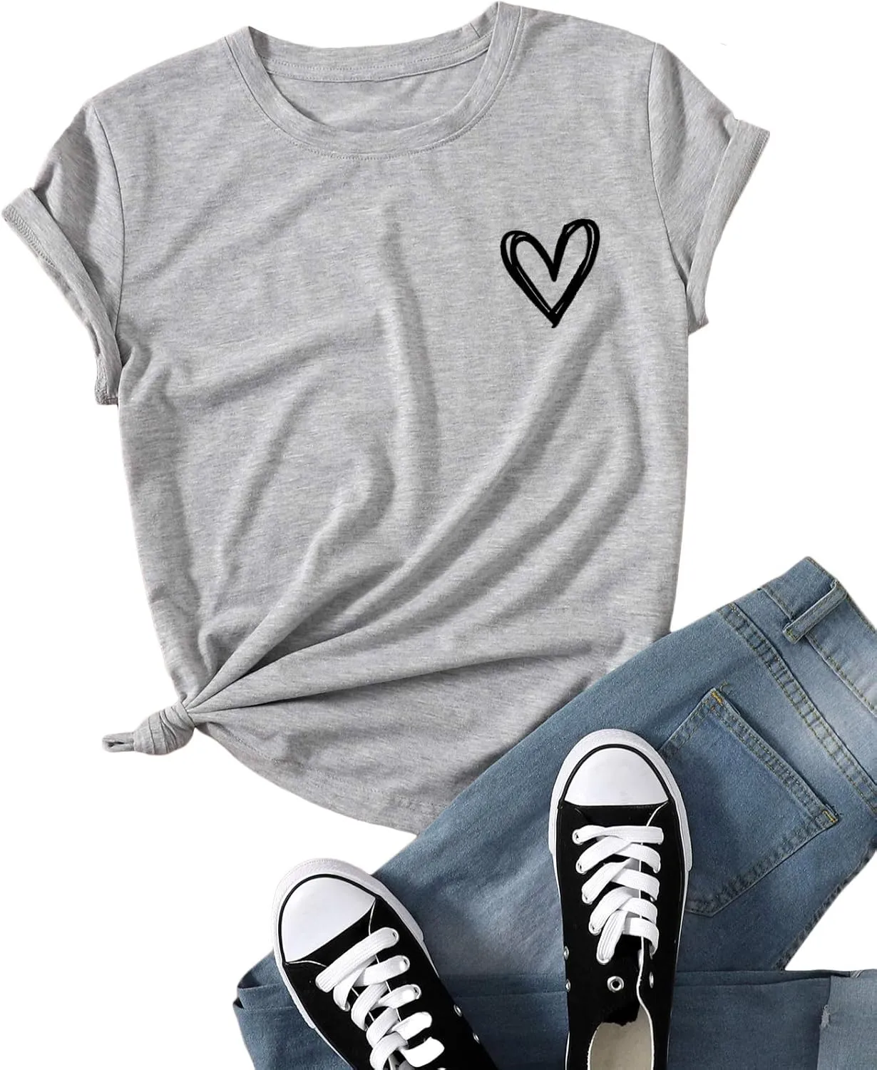 SweatyRocks Women's Heart Print T Shirts Summer Funny Short Sleeve Tops