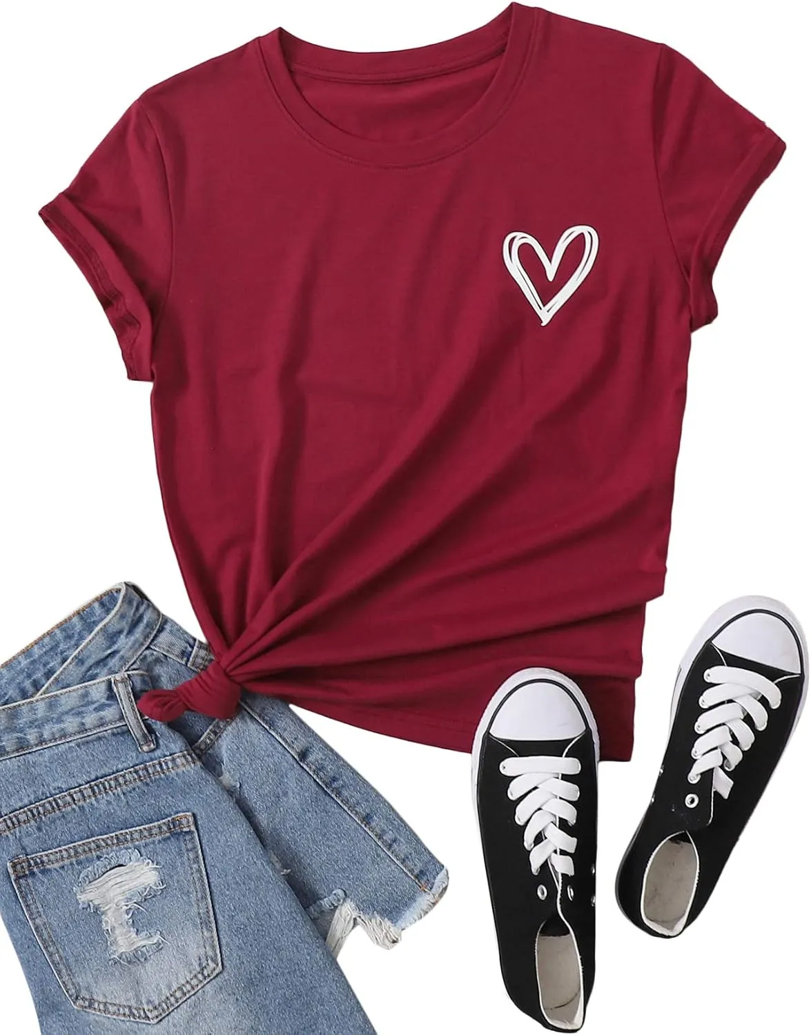 SweatyRocks Women's Heart Print T Shirts Summer Funny Short Sleeve Tops