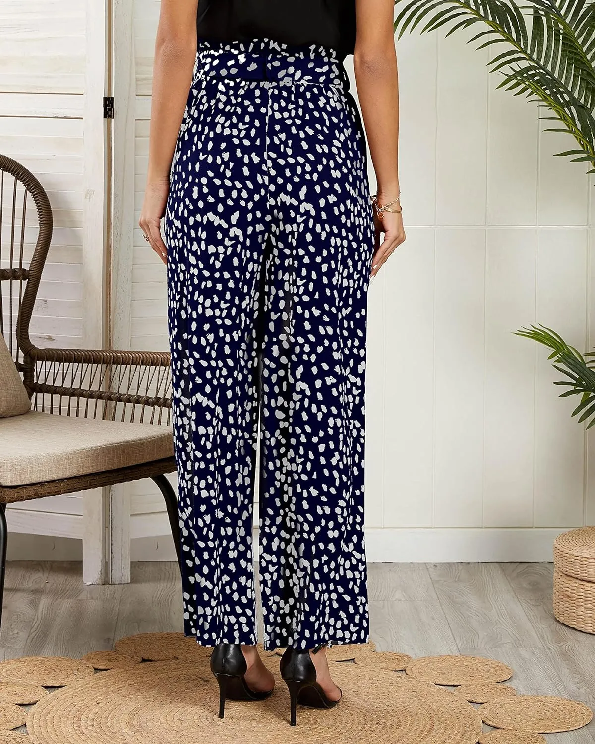 SySea Womens High Waisted Leopard Print Palazzo Pants Belted Wide Leg Long Trousers with Pockets