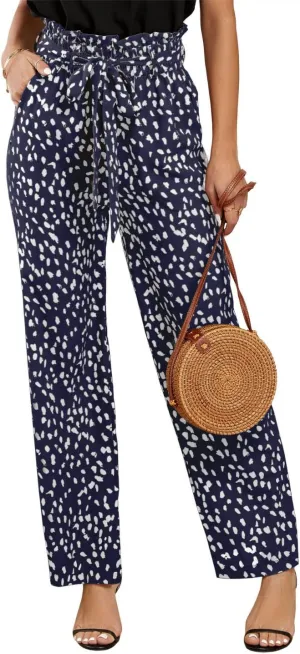 SySea Womens High Waisted Leopard Print Palazzo Pants Belted Wide Leg Long Trousers with Pockets