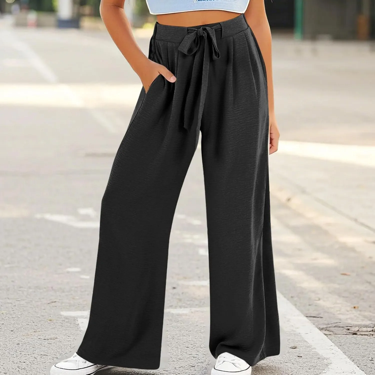 Teen Girls Cotton Linen Wide Leg Pants Drawstring Kids Oversized Casual Lightweight Flowy Palazzo Pants Lounge Long