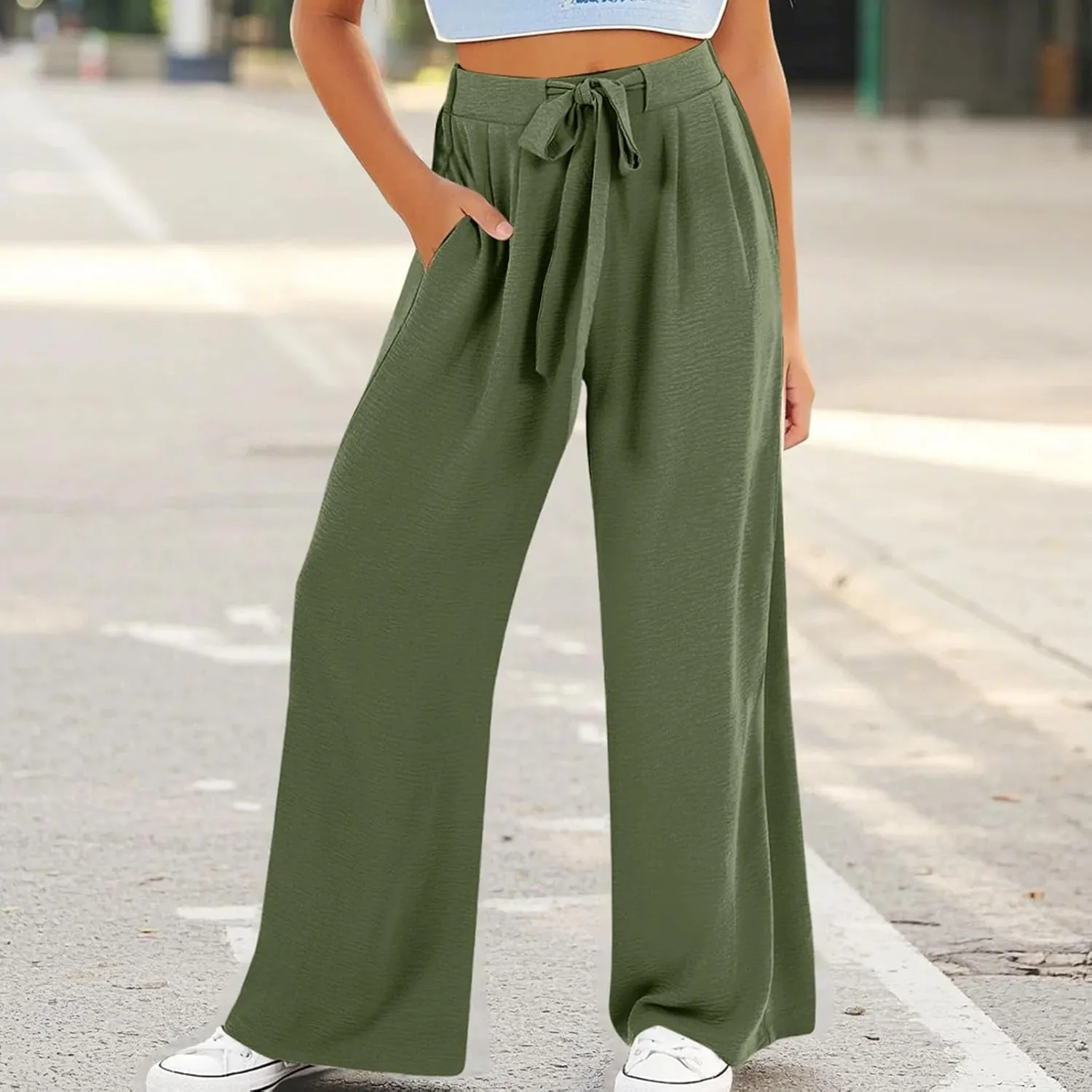 Teen Girls Cotton Linen Wide Leg Pants Drawstring Kids Oversized Casual Lightweight Flowy Palazzo Pants Lounge Long