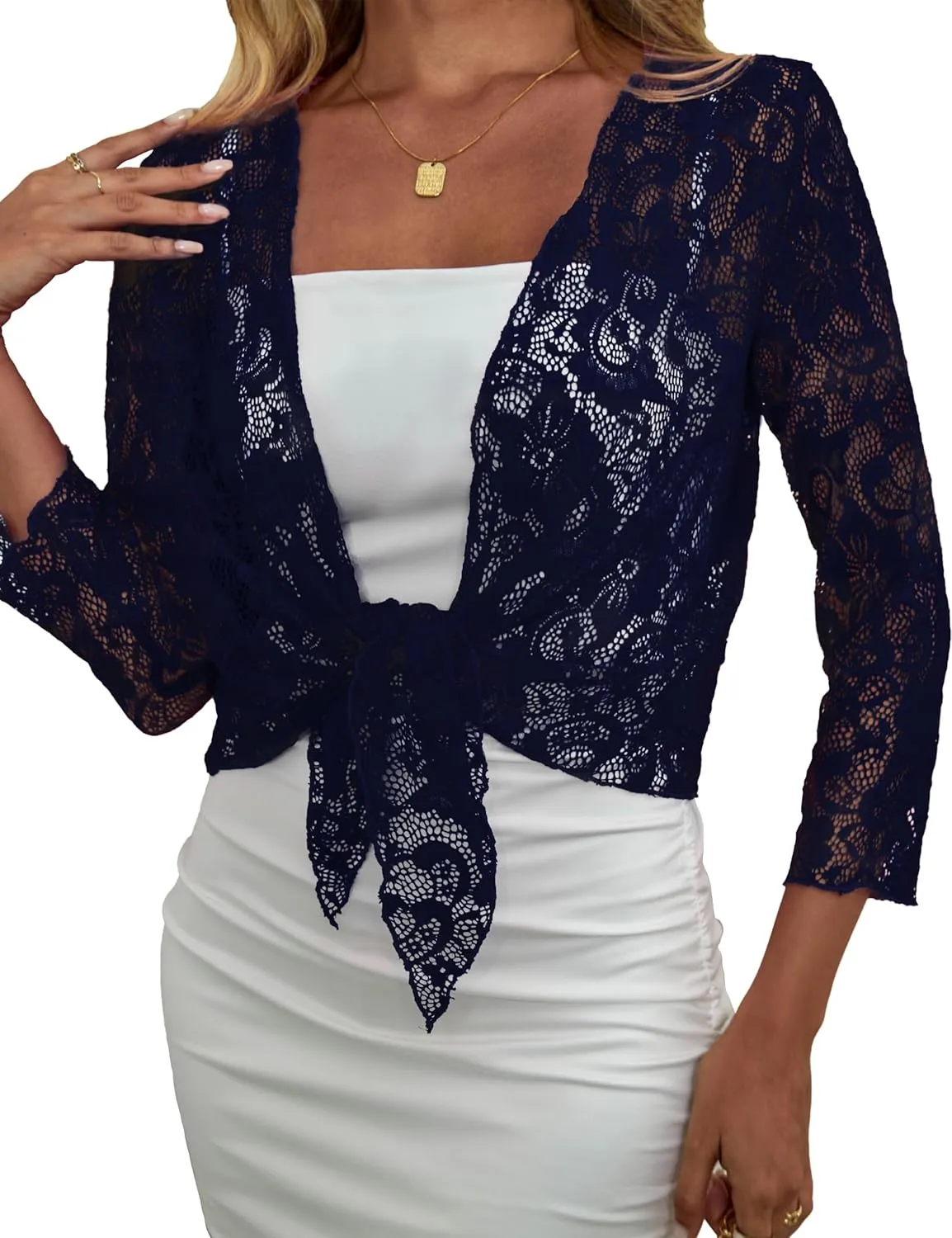 Traleubie Womens Bolero Shrug Sweaters Lace Lightweigt Tie Front Sheer Cardigans for Dresses, S-XL