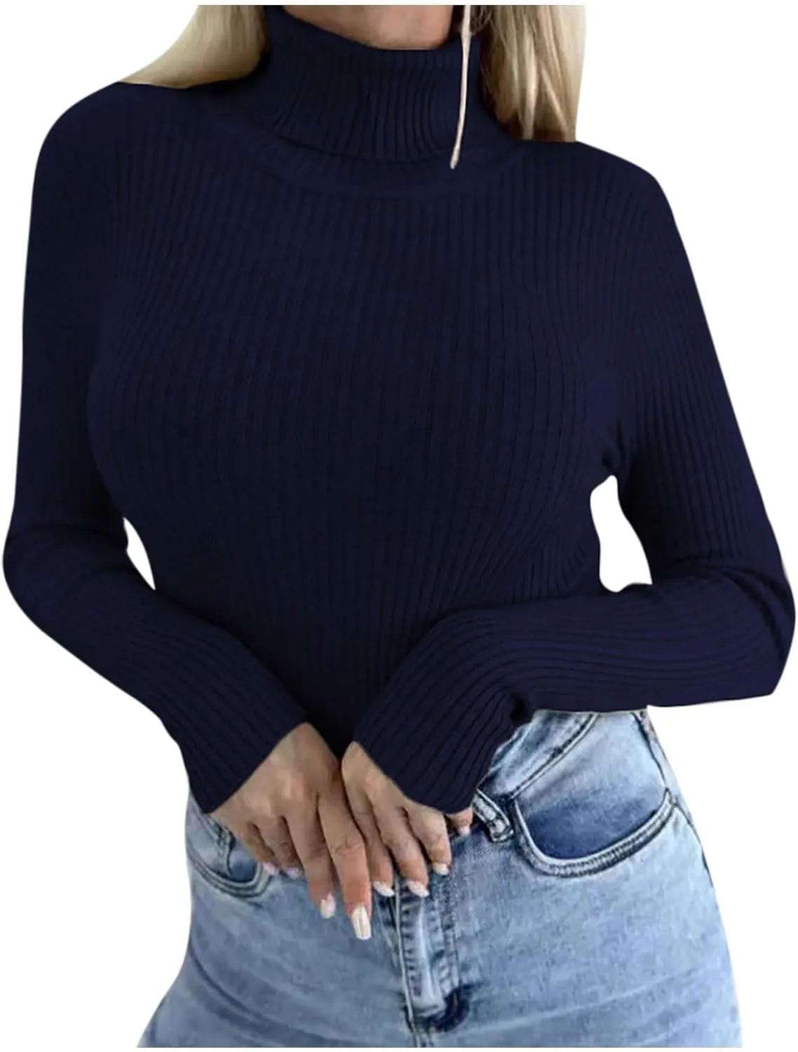 Turtleneck Sweater WomenSlim Fit Ribbed Womens Sweaters Long Sleeve Stretch Crewneck Basic Layer Spring Sweaters