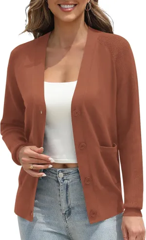 Urban CoCo Women's Long Sleeve Cropped Cardigan Sweater Button Down V Neck Knit Sweaters with Pockets