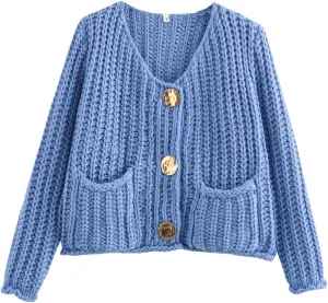 utcoco Women's Cropped Button Down Cardigans Chunky Knit Long Sleeve Sweaters Coat Outwear with Pockets