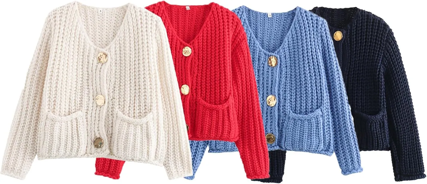 utcoco Women's Cropped Button Down Cardigans Chunky Knit Long Sleeve Sweaters Coat Outwear with Pockets