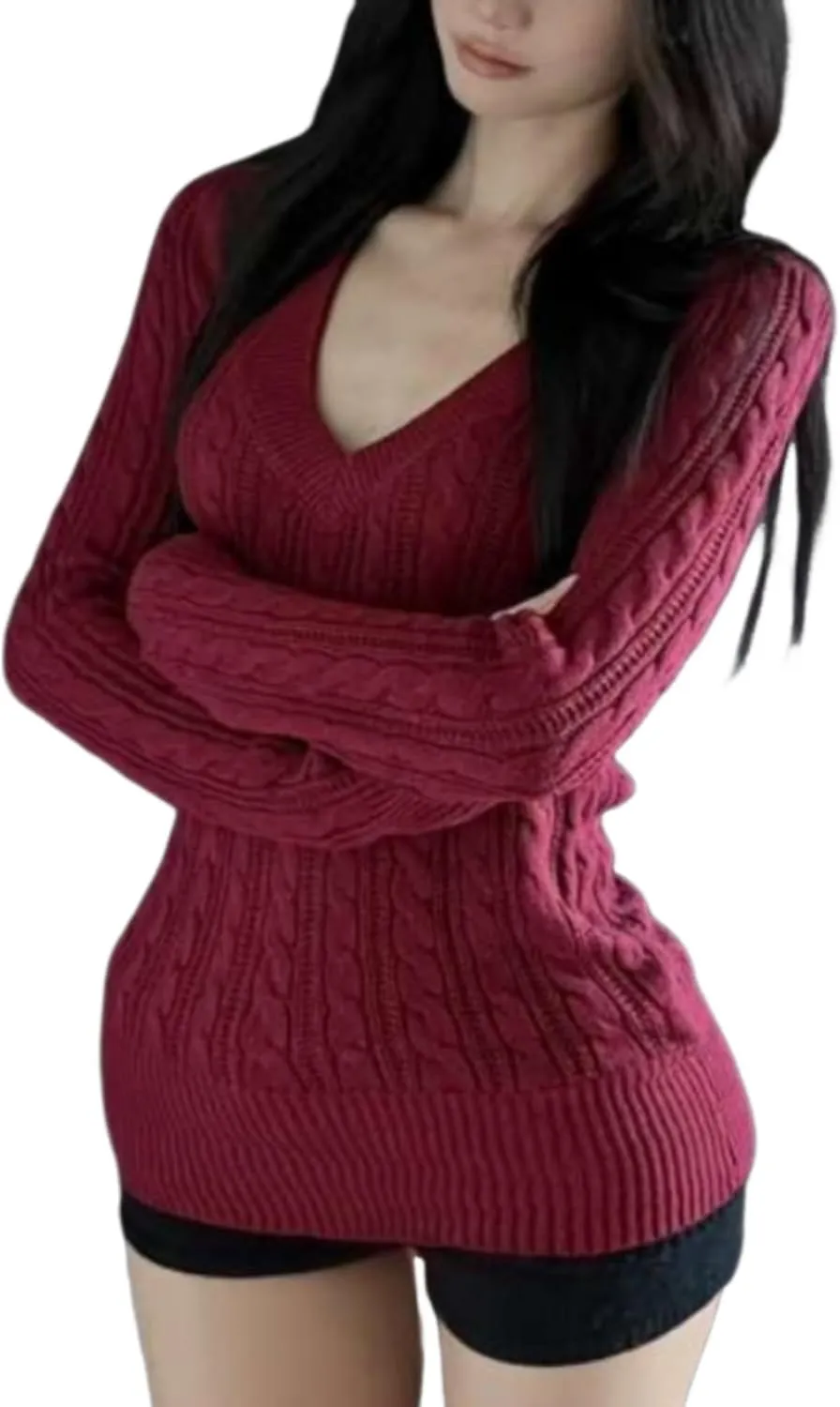 V Neck Sweater Women Vintage Cable Knit Sweaters 2000s Pullover Emo Grunge Sweater Y2k Sweaters Streetwear