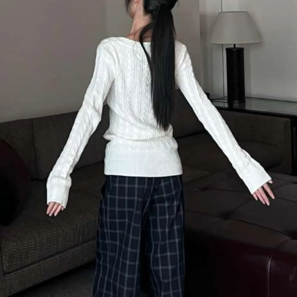 V Neck Sweater Women Vintage Cable Knit Sweaters 2000s Pullover Emo Grunge Sweater Y2k Sweaters Streetwear