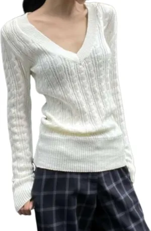 V Neck Sweater Women Vintage Cable Knit Sweaters 2000s Pullover Emo Grunge Sweater Y2k Sweaters Streetwear