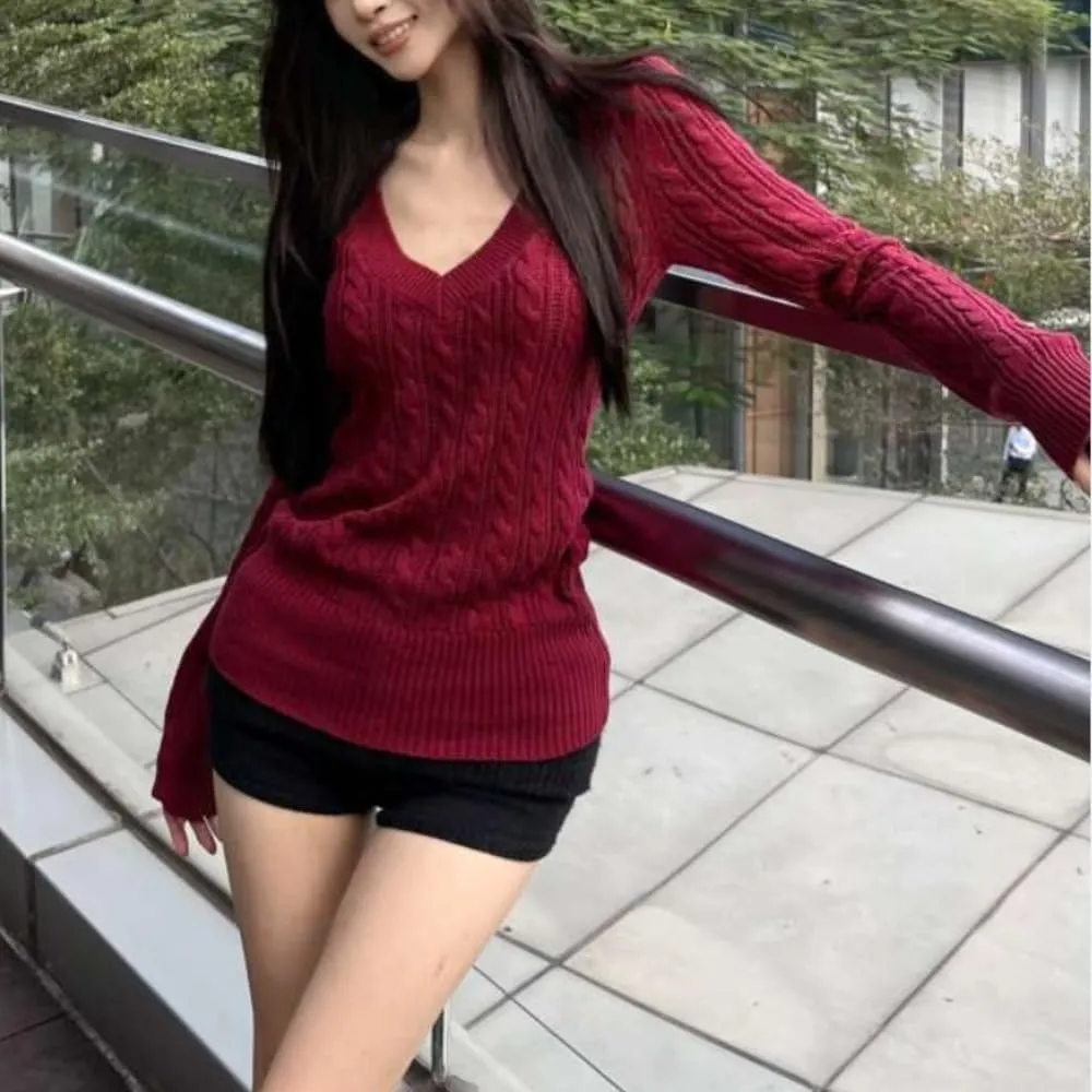 V Neck Sweater Women Vintage Cable Knit Sweaters 2000s Pullover Emo Grunge Sweater Y2k Sweaters Streetwear