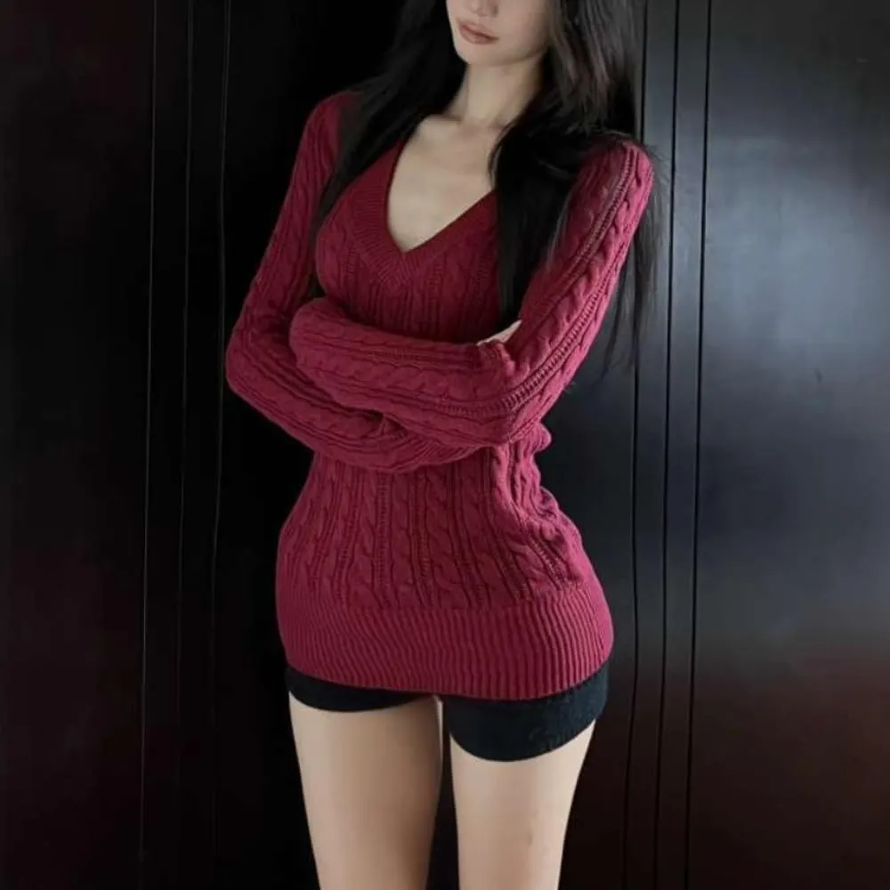 V Neck Sweater Women Vintage Cable Knit Sweaters 2000s Pullover Emo Grunge Sweater Y2k Sweaters Streetwear