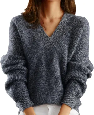 V Neck Sweaters for Women Casual Long Sleeve Sweaters V Neck Knit Solid Color Oversized Pullover Sweater Jumper